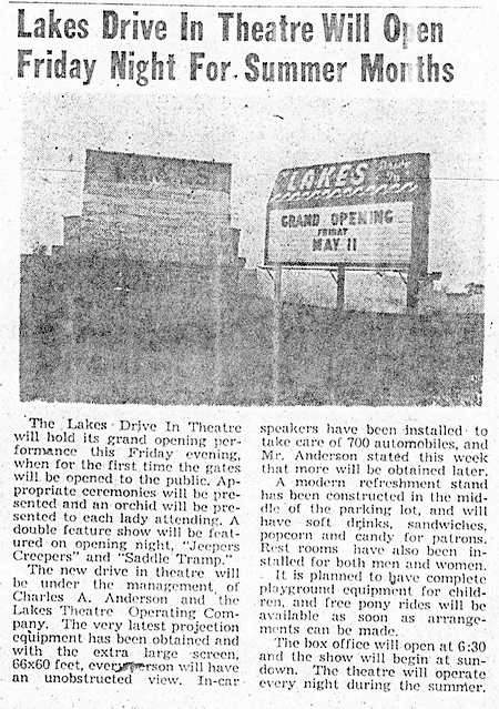 Lakes Drive-In Theatre - Opening Article 5-9-51 From Ron Gross